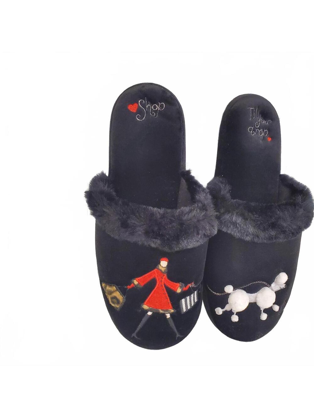 Totes Isotoner Black Faux Fur Slippers Shop Til You Drop Womens XL - Picture 10 of 11